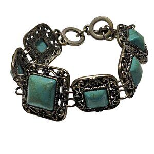 Vintage Turquoise Brass Filigree Bracelet Southwest Retro Elegant Fashion Women